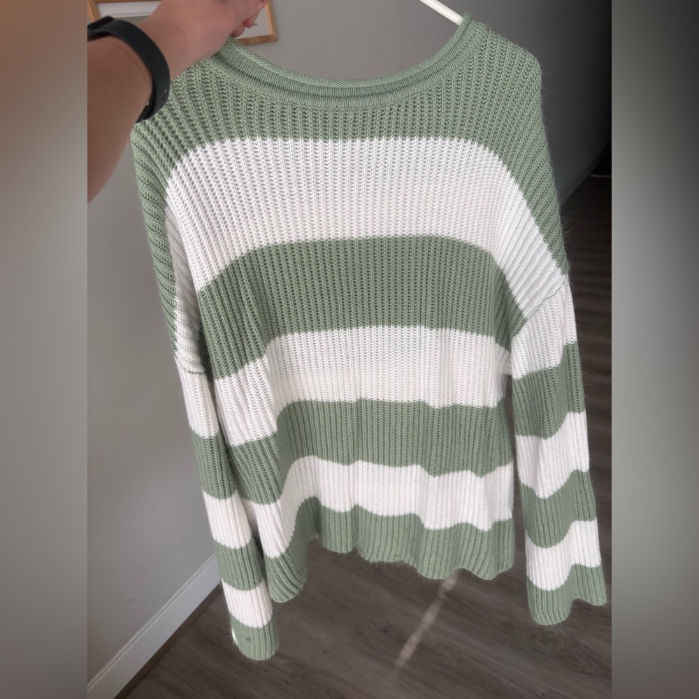 Elegant Green and White Striped Women's Sweater